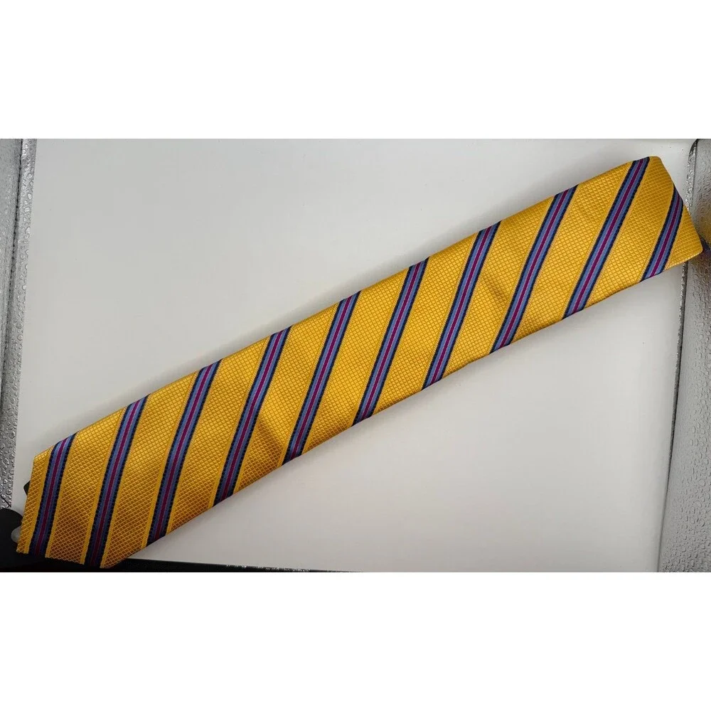 Ted Baker London Luxury Silk Tie Yellow Gold Striped Medallion Made in USA